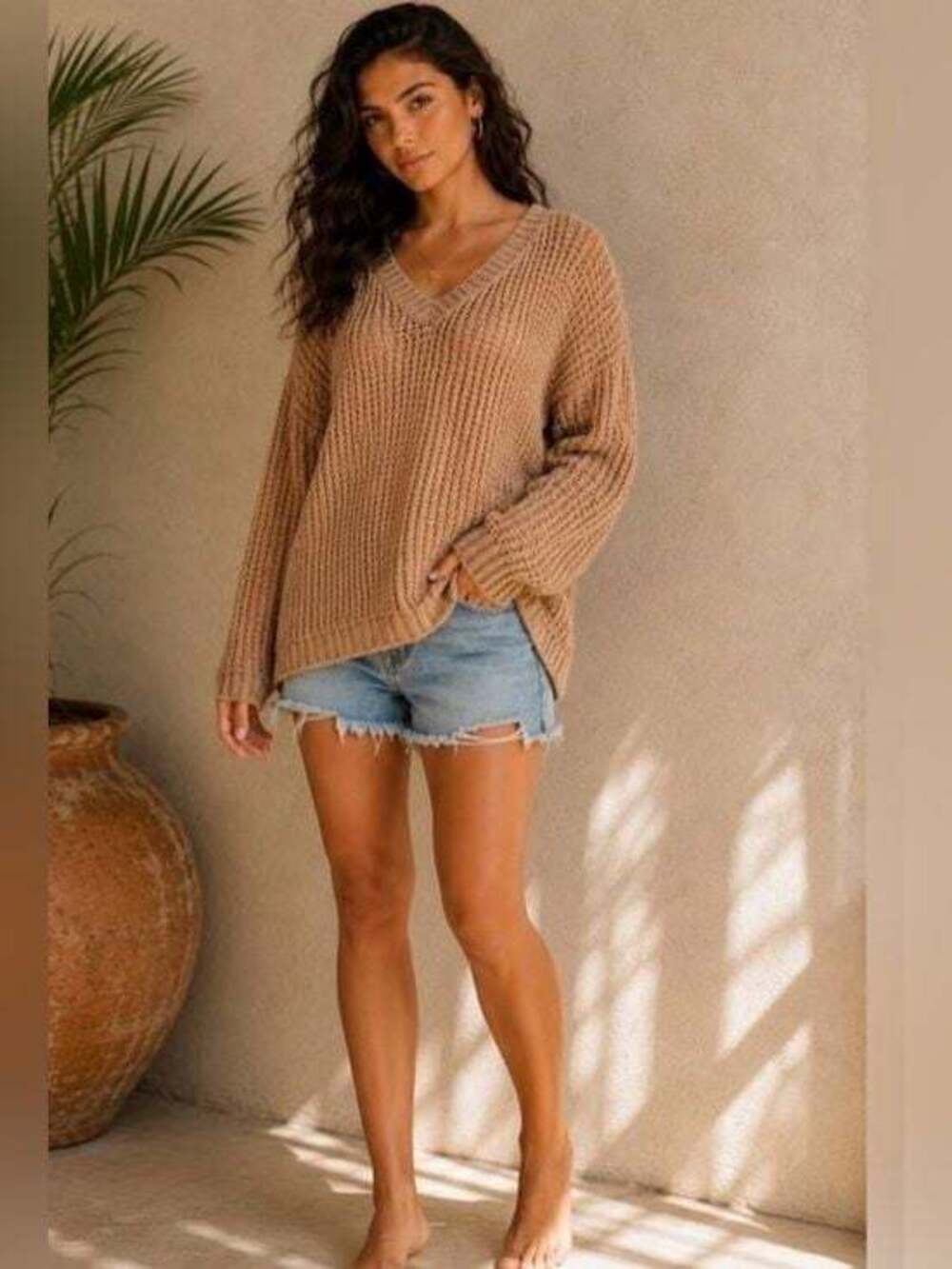 Last One! SO Relaxed V-Neck Chunky Knit Sweater - Camel
